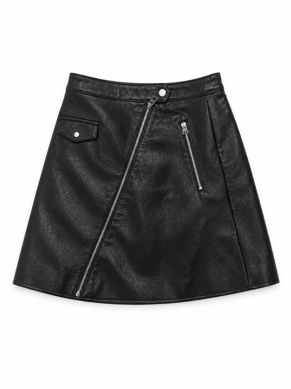 Black Faux Leather A-Line Skirt with Zip Detail